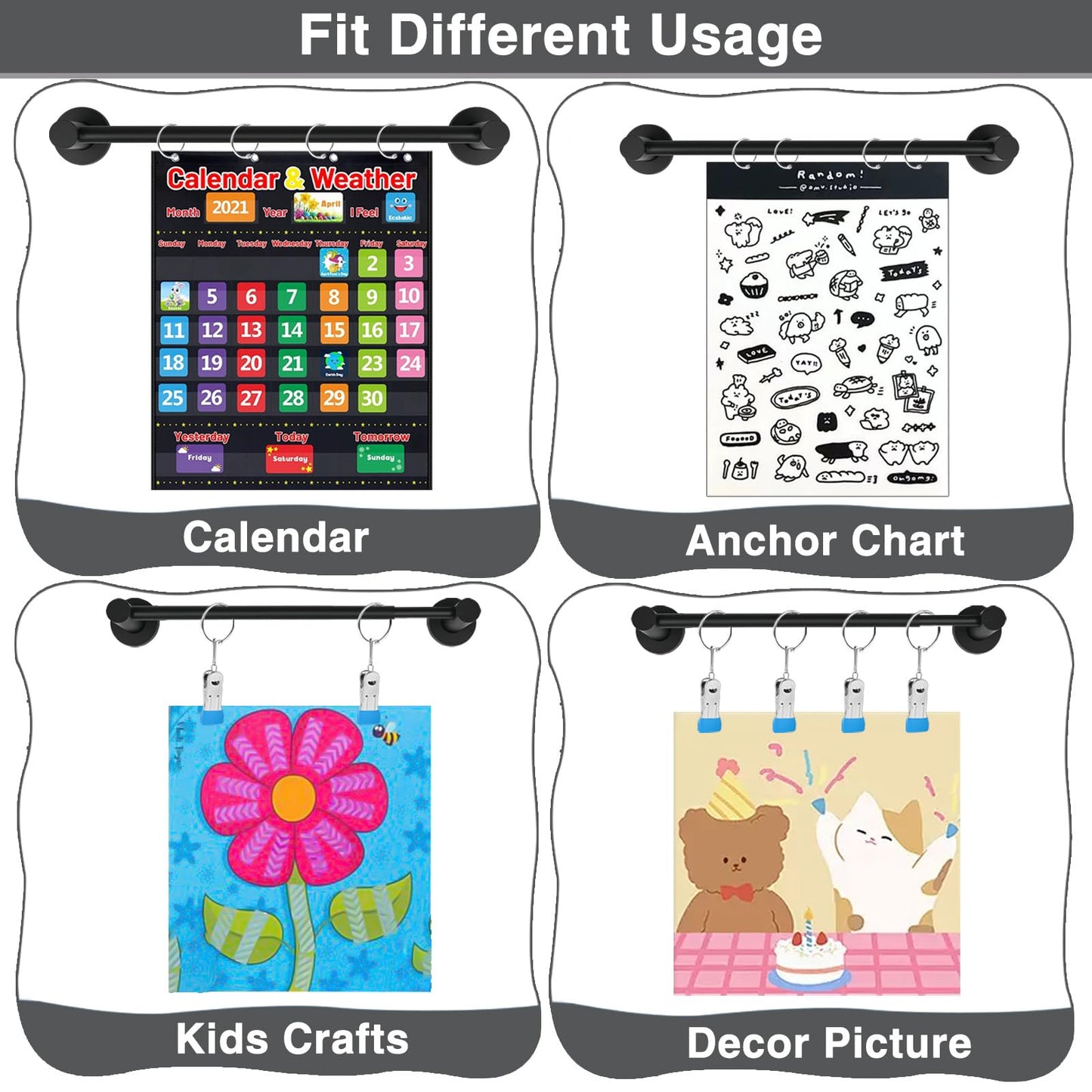 Rukinovi Heavy Duty Magnetic Holder Anchor Chart Organizer,Adjustable Calendar Display for Teachers,Stainless Steel Black 14"-30" Rod with 6 Rings & 4 Clips for Classroom, Home,Kitchen (Black)