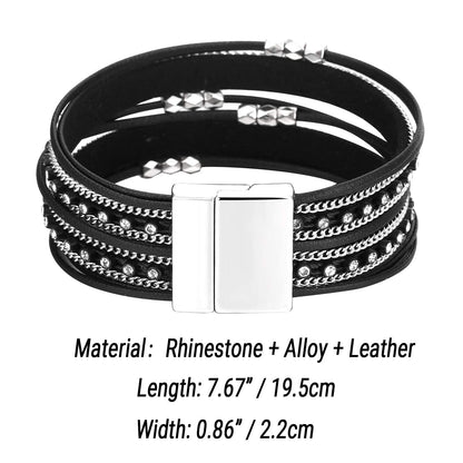 Fesciory Leather Wrap Bracelets for Women, Boho Leopard Multi-Layer Crystal Beads Cuff Bracelet Jewelry (Short Black)
