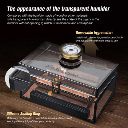 Scotte Acrylic Humidor - Cigar Box With Hygrometer, Humidifier & Accessories (Grey, Holds 20 Cigars)