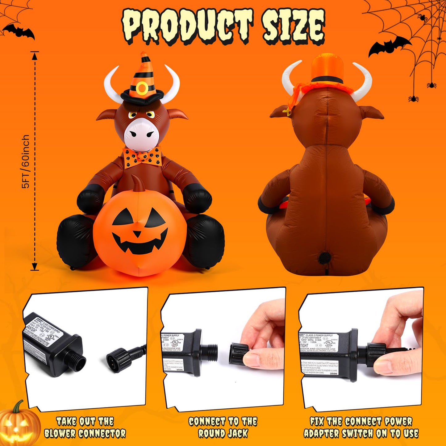 Soulchen 5FT Halloween Inflatable Highland Cow Outdoor Decorations with Witch Hat Holding Pumpkin Built-in LED Lighted Halloween Blow up for Yard Garden Lawn Holiday Party Decor