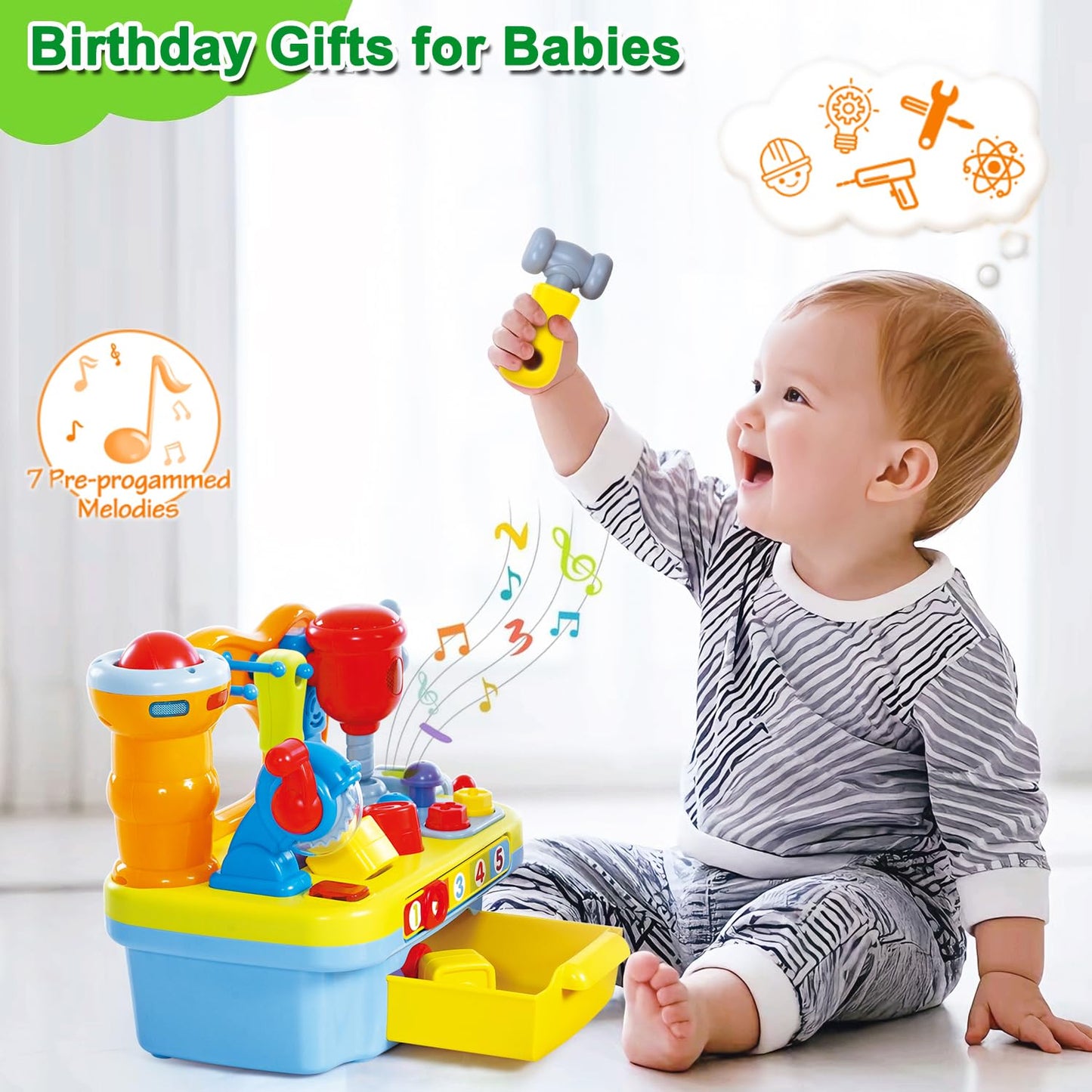 Yiosion Musical Learning Tool Workbench Toys for 1 Year Old Boy, One Year Old Boy Gifts, Toddler Tool Bench with Shape Sorter