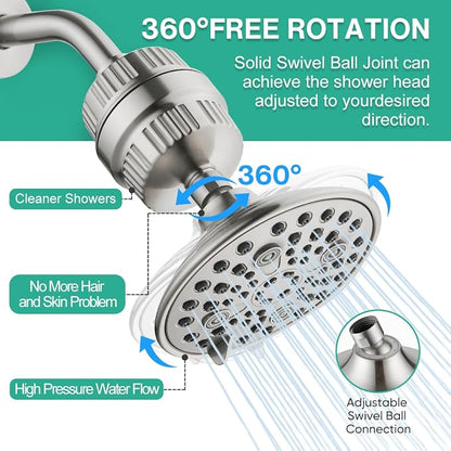 Cobbe 6-Setting High Pressure Filtered Shower Head Combo, Detachable Rain Shower Head with 20 Stage Shower Head Filter for Hard Water - Remove Chlorine and Harmful Substances, Brushed Nickel