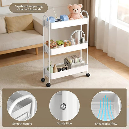 Slim Rolling Cart, Metal Frame Utility Rolling 3-Tier Narrow Storage Cart with Handle Kitchen Storage Organizer, Mobile Shelving Unit for Bathroom Kitchen