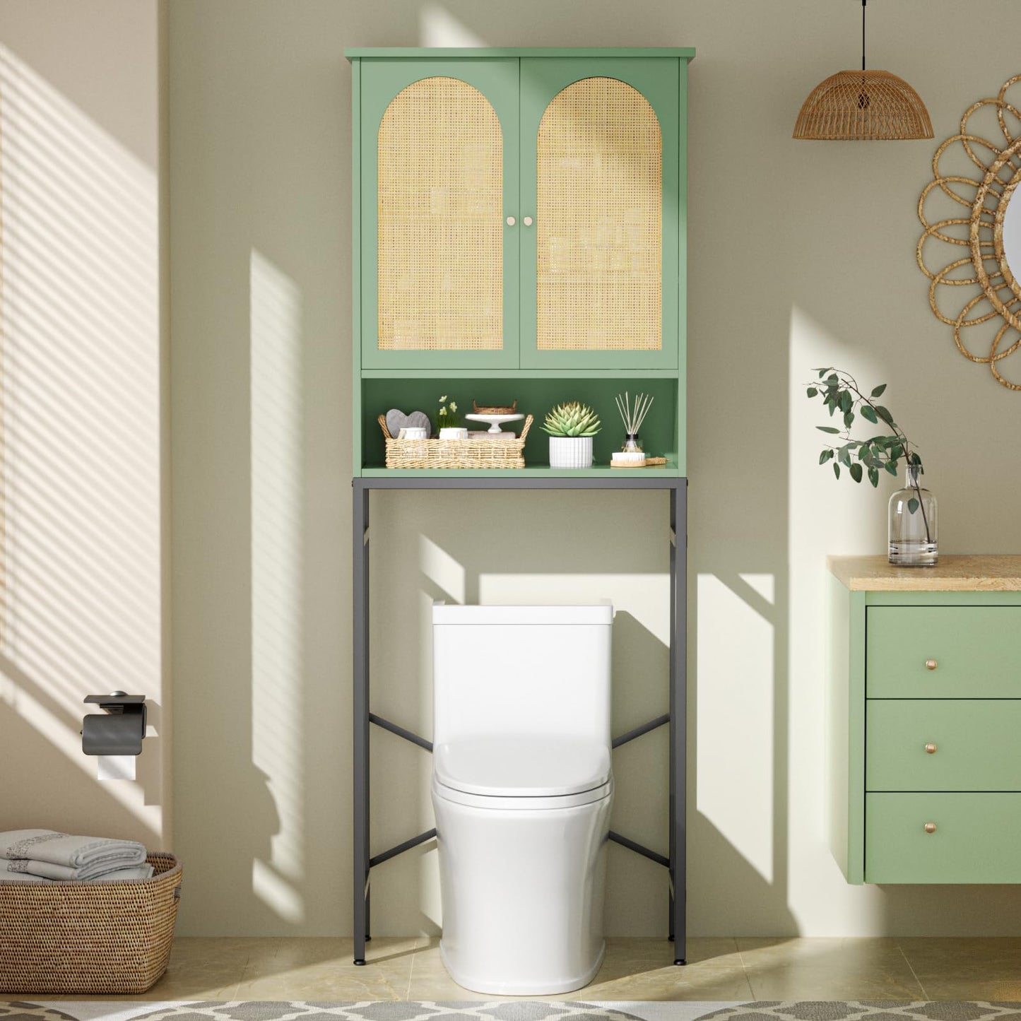 Befrases Rattan Toilet Storage Cabinet, Over the Rack Wood Cabinet with Metal Stand, Bathroom Organizer with Adjustable Shelf, Space Saving Cupboard for Small Bathrooms, Washer Shelf, Green