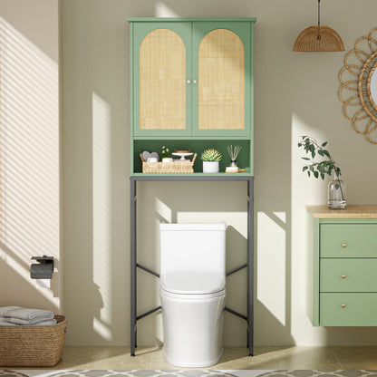 Befrases Rattan Toilet Storage Cabinet, Over the Rack Wood Cabinet with Metal Stand, Bathroom Organizer with Adjustable Shelf, Space Saving Cupboard for Small Bathrooms, Washer Shelf, Green