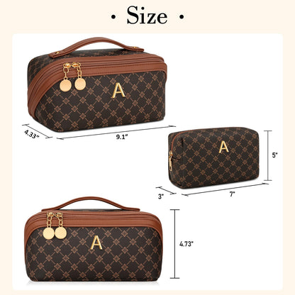 CLOUDWINGS Birthday Gifts for Women Teen Girl, Personalized Initial Makeup Organizer Bag Set, Open Flat Travel Cosmetic Bag With Clear Divider and Handle(Coffee,A)