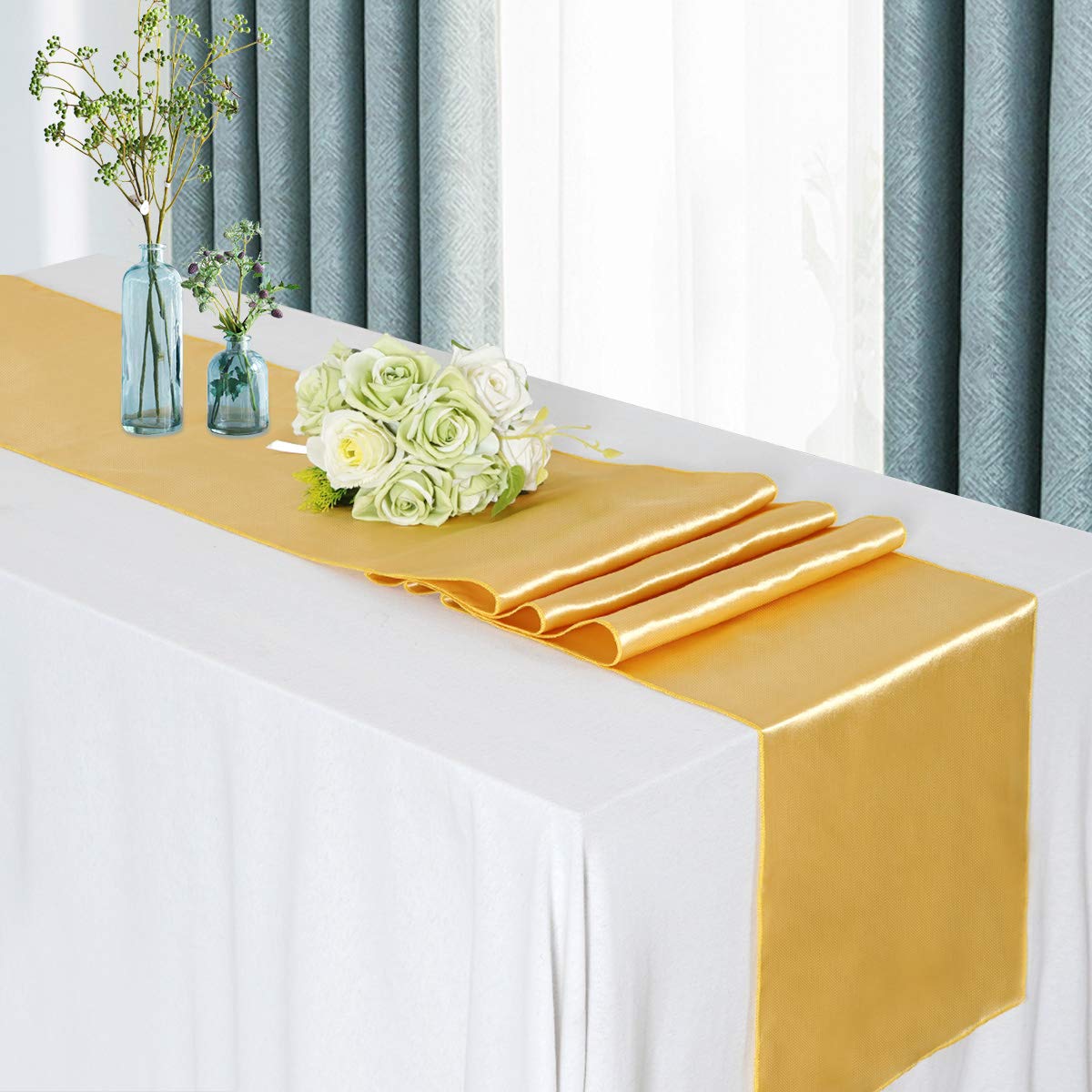 Set of 5 Satin Table Runners Gold 12x108 inch Table Runner for Party Wedding Reception Banquet Decoration Bright Silk Smooth Fabric Party Chair Sashes