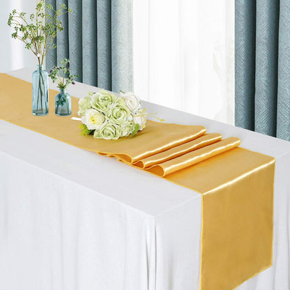 Set of 5 Satin Table Runners Gold 12x108 inch Table Runner for Party Wedding Reception Banquet Decoration Bright Silk Smooth Fabric Party Chair Sashes