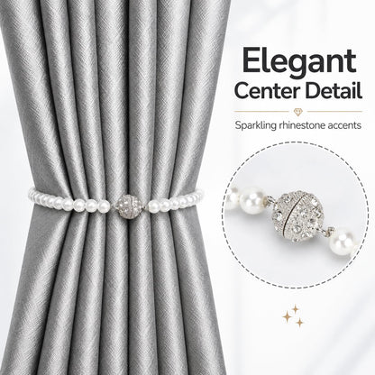 Pearl Bow Magnetic Curtain Tiebacks 2 Pack, No Drill Curtain Holdbacks with Strong Magnets, Decorative Pearl Curtain Holders for Living Room Bedroom Home Decor