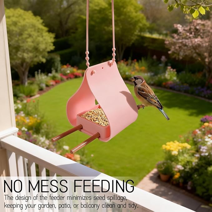 Hanging Bird Feeder with Wooden Perches, No Mess Silicone Feeding, Adjustable Strap for Parrots and Wild Birds, for Garden, Patio, and Balcony Decor (Blue)