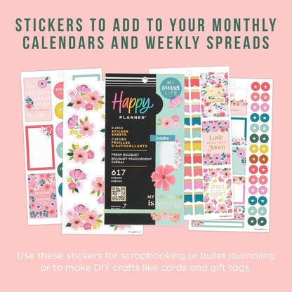 Happy Planner Sticker Pack for Calendars, Journals, and Diary Planners, Multicoloured Scrapbook Accessories, Fresh Bouquet Theme, Classic Size, 30 Sheets, 617 Total Stickers
