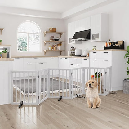Semiocthome Wood Dog Gates for The House Extra Wide, 6-Panel Freestanding Pet Gates with 4PCS Metal Stands for Doorways and Stairs, 24" H Foldable Dog Fences Indoor, Expands Up to 110" (W)- White