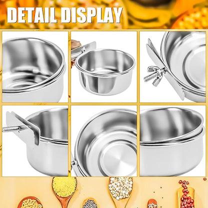 2 Pack Bird Feeding Bowls Cups Parrot Food Water Dishes, Stainless Steel Bird Bowl Cup Dish with Clamp, Birdcage Feeder Pet Cage Bowls for Cockatiel Budgie Conure Macaw Parakeet Small Animal