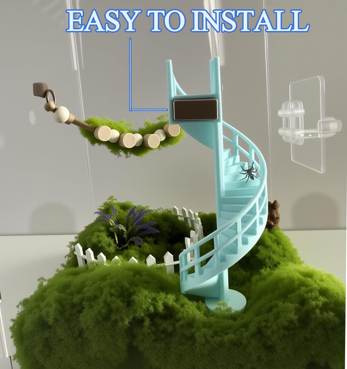 Okueejur 4pc Jumping Spider Enclosure Accessories Set – Fun Spinning Stairs and Vase with Flower,Spiders Net, Climbing Set with Magnetic Mount for Jumping Spider Enclosure Accessory Decoration (Blue)