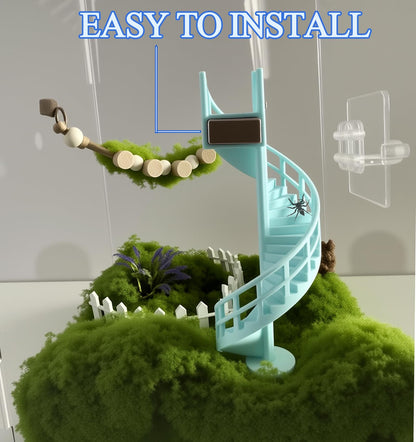 Okueejur 4pc Jumping Spider Enclosure Accessories Set – Fun Spinning Stairs and Vase with Flower,Spiders Net, Climbing Set with Magnetic Mount for Jumping Spider Enclosure Accessory Decoration (Blue)