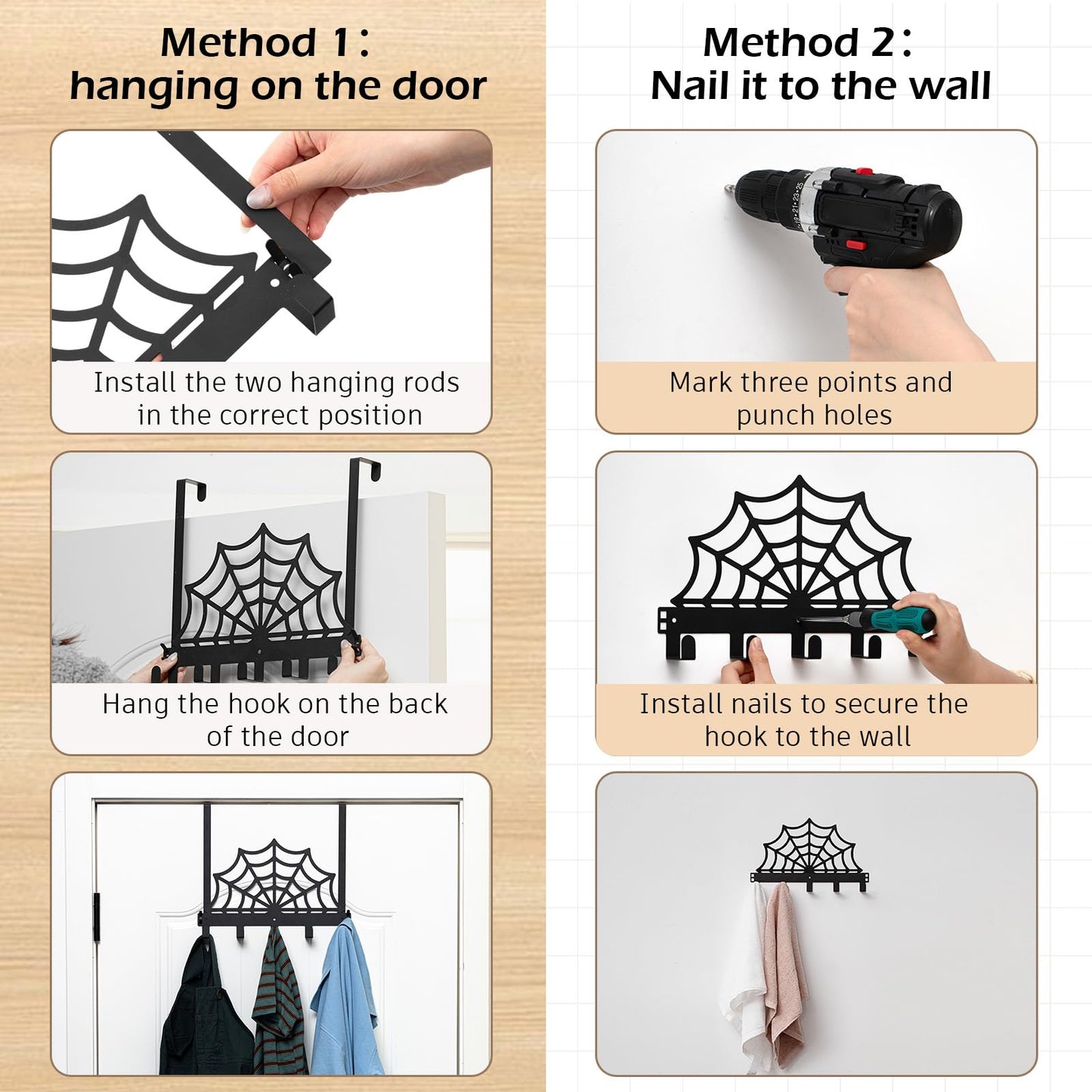 Reallnaive Cobweb Over The Door Hooks Christmas Gothic Bathroom Decor Creepy Hanger Wall Mount Rack Holder for Towel, Hat, Coat, Cloth, Keychain, Bag, Home Organizer