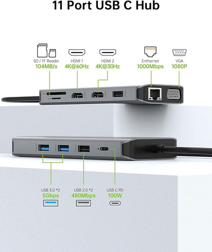 USB C Laptop Docking Station Dual Monitor HDMI for Dell HP 11 in 1 Type USB C Hub Triple Display Multiport Adapter Dongle to 2 HDMI 4K Ethernet 4 USB PD SD TF VGA for MacBook Lenovo Surface