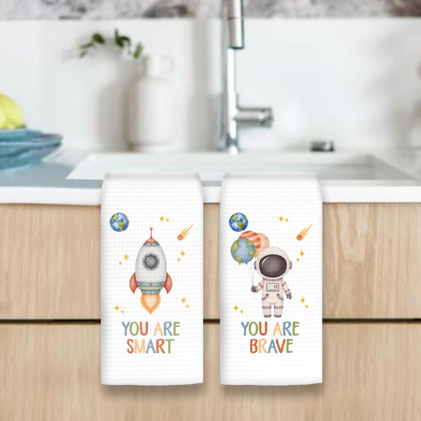 OINDADE Space Kids Hand Towels Set of 2, Space Nursery Decor Hand Towels, Inspirational You are Smart Brave Dish Towel Tea Towel for Kitchen, Astronaut Boys Kids Nursery Bathroom Decor,16x24In