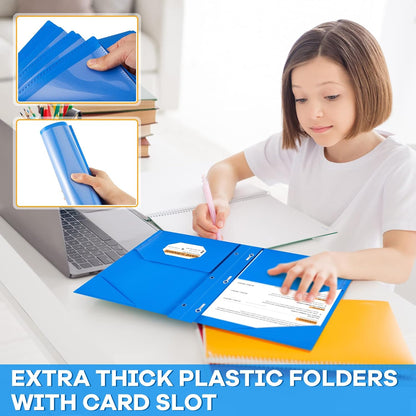 Henoyso 72 Pcs Plastic Folder with Clear Front Pocket and 3 Prong Plastic Folders with Card Slot Pocket Folders with Prongs for School Office (Blue)