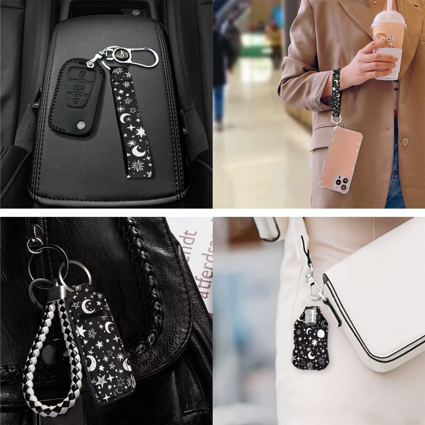 Suobstales Star Moon Print Travel Bottles with Keychain Holder Black Chapstick Holder Keychain Set Neoprene Portable Pouch Wristlet Lanyards for Home Traveling