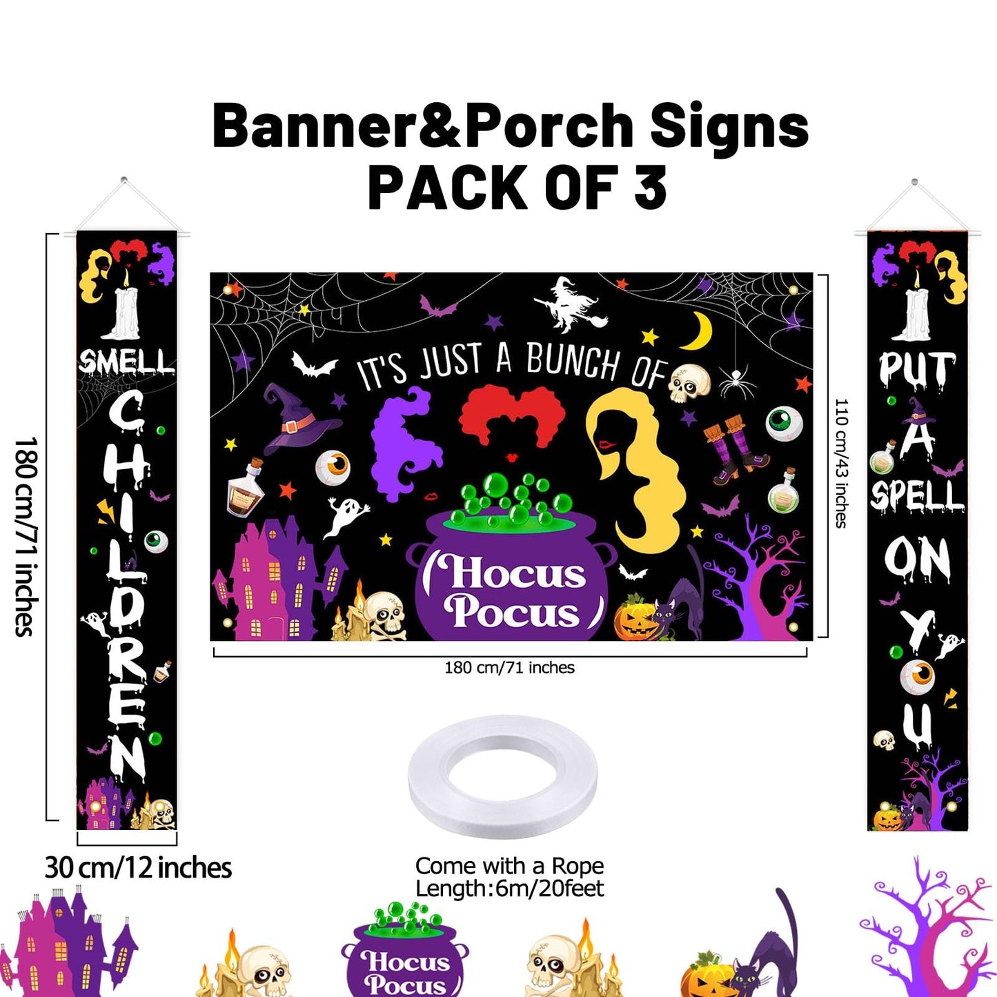 Avezano Halloween Decorations 3Pcs Hocus Pocus Door Banner Witches Door Cover Hocus Pocus Halloween Baby Shower Decorations Indoor Outdoor