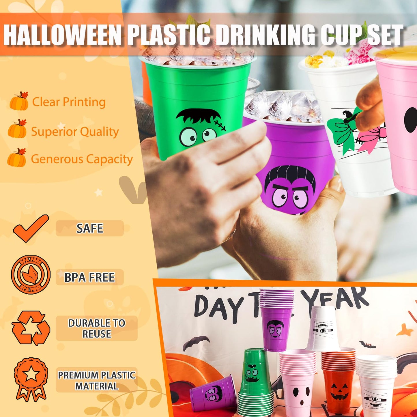 50 Pack Halloween Plastic Cups - Colorful 16Oz Disposable Drinking Cups, Vampire Mummy Monster Ghost Pumpkin Party Cups for Halloween Party Favors Coffee Wine Hot Cold Drinks (5 Designs)