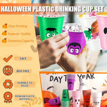 50 Pack Halloween Plastic Cups - Colorful 16Oz Disposable Drinking Cups, Vampire Mummy Monster Ghost Pumpkin Party Cups for Halloween Party Favors Coffee Wine Hot Cold Drinks (5 Designs)