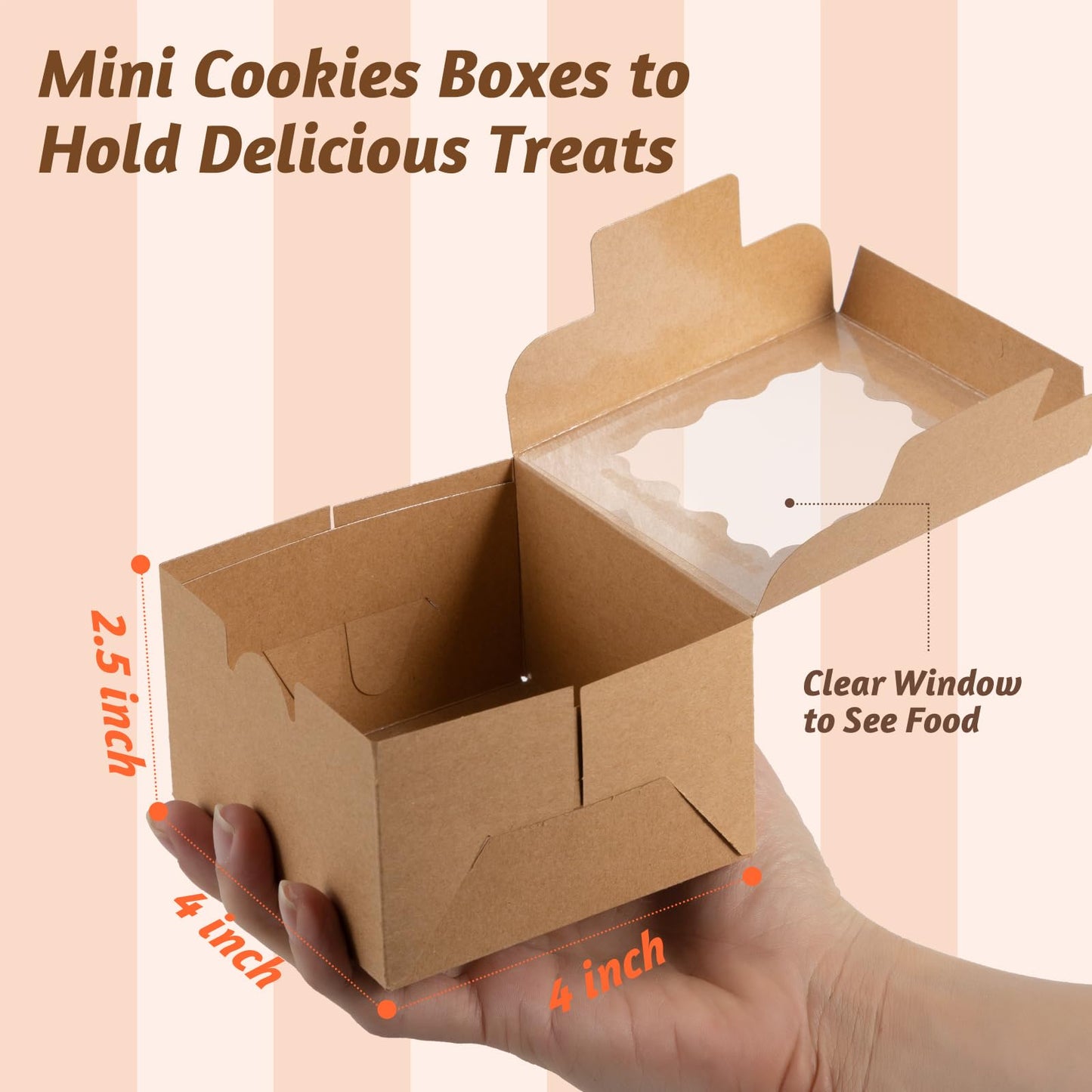 Norxziore 50pcs Brown Cookie Boxes with Window, 4x4x2.5 Inches Small Treat Boxes, Kraft Grease-proof Film Paper Bakery Boxes, Pastry Boxes for Dessert, Strawberries, Cupcake, Valentine, Gift Giving