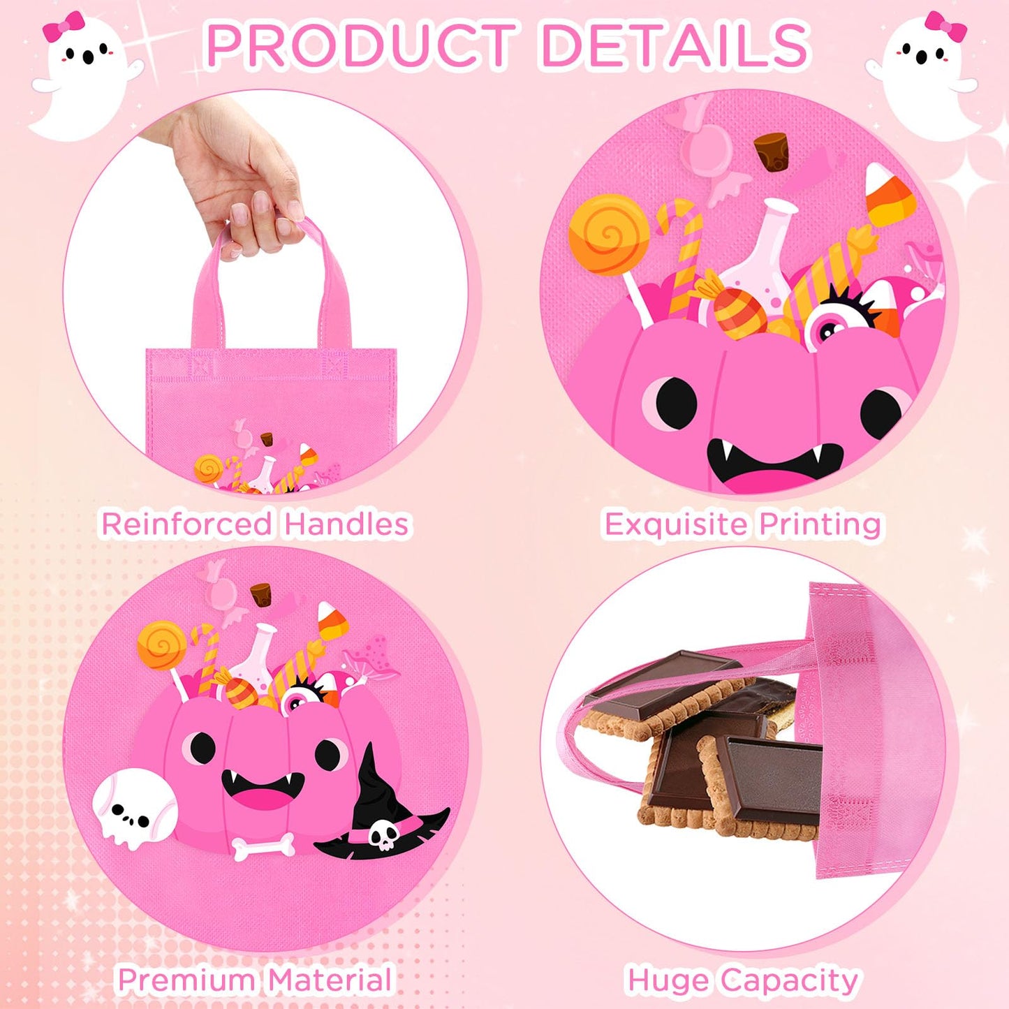 Toulite 24 Pcs Halloween Non Woven Bags with Handle Bulk Reusable Holiday Gifts Bags Ghost Pumpkin Spider Goodies Treat Candy Tote Pouch for Halloween Party Favors Wrapping Supplies, 7.9 x 9.8 Inch