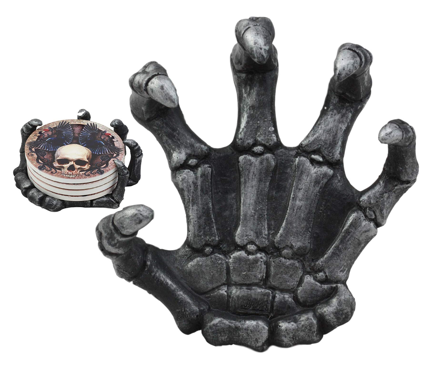 Ebros Gothic Alchemy Clutch of The Dead Skeleton Hand Resin Coaster Figurine Holder with 4 Skull Raven Tile Coasters Set Furniture Protector Ossuary Macabre Halloween Spooky Home Decor Accent
