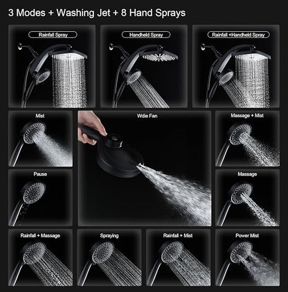 BOZYBO Rain Shower Head with Handheld: High Pressure Shower Heads with Handheld Spray Combo, 12" Rainfall Shower Head and 9 Sprays Hand Showerheads with Magnetic Docking and Power Jets, Black 1.8GPM