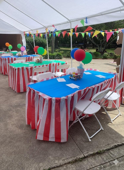 Oojami Pack of 4 Classic Red & White Striped Table Skirts - Perfect for Carnival, Circus Themed Parties, and More - Easy to Apply, 14ft Length Each