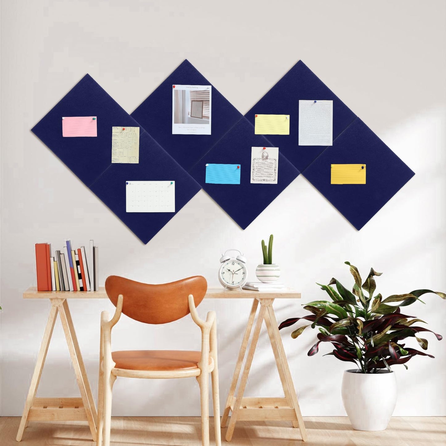 Large Cork Board 36" x 24", 6 Pack Felt Bulletin Board with 30 Pushpins, Cork Boards Alternative with Self-Adhesive Strips, Felt Wall Tiles Pin Boards for Walls Office Home School Decor-Dark Blue