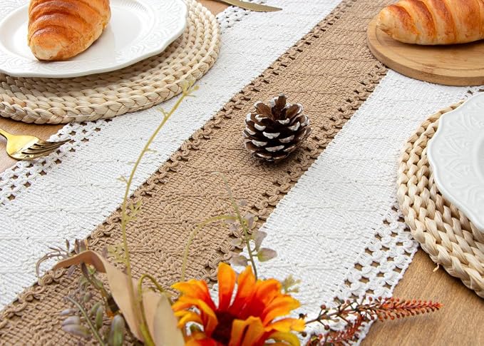 FEXIA Boho Table Runner for Home Coffee Decor 90 Inches Long Farmhouse Rustic Table Runner Macrame Burlap Centerpieces for Tables Decoration for Kitchen Bedroom Decor Bridal Shower (12x90 Inches)