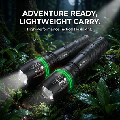 HAUSBELL T8 A100 2000 Lumen Flashlight 2 Pack with Glow-in-Dark Ring, Heavy-Duty Aluminum Tactical Flashlights High Lumens, 5 Modes Zoomable Waterproof LED for Emergency Camping Hiking Home Use