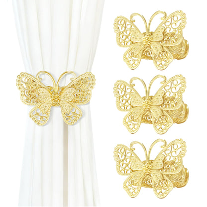 Butterfly Curtain Tiebacks 4 Pack, Gold Metal Curtain Holdbacks, Decorative Boho Curtain Tie Backs for Drapes, Self-Closing Window Curtain Holders for Home Office Cafe Balcony (Gold)