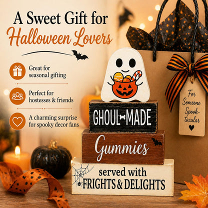 Halloween Tiered Tray Decor, Halloween Wood Block Signs with Cute Ghost and Candy Bucket, Rustic Farmhouse Halloween Decor Indoor, Halloween Tabletop Decorations for Shelf Mantel Coffee Entryway
