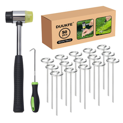 6 Inch Landscape Fabric Staples, 50Pcs Garden Stakes Galvanized +Pick Hook +Rubber Mallet, G Shaped Weed Barrier Stakes 11 Gauge Lawn Staples Landscape Pins for Yard, Sod, Weed Mat
