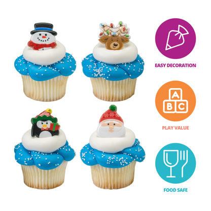 DecoPac Christmas Rings, Holiday Icon Cupcake Decorations, Cupcake Toppers Featuring Santa, Reindeer, Snowmen, and Penguins, Festive Food Safe Cake Topper – 24 Pack