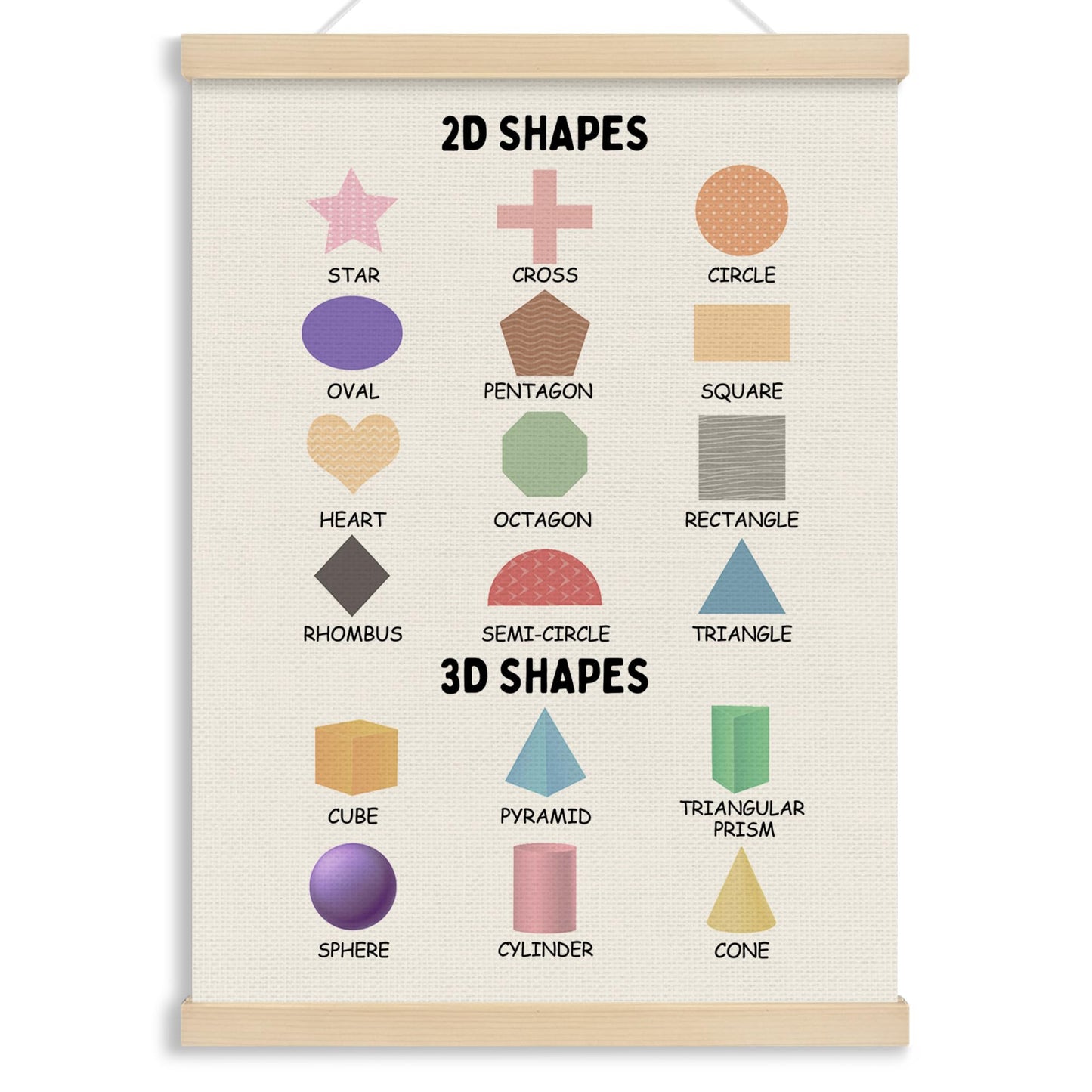 MOTERMATE 2D 3D Shapes Classroom Wall Art Poster for Teaching, Boho Toddler Room Decor, Learning Educational Poster Hanger Frame for Toddlers, Preschool Playroom Wall Hanging Banner Decor,12x16 Inch
