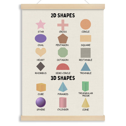 MOTERMATE 2D 3D Shapes Classroom Wall Art Poster for Teaching, Boho Toddler Room Decor, Learning Educational Poster Hanger Frame for Toddlers, Preschool Playroom Wall Hanging Banner Decor,12x16 Inch
