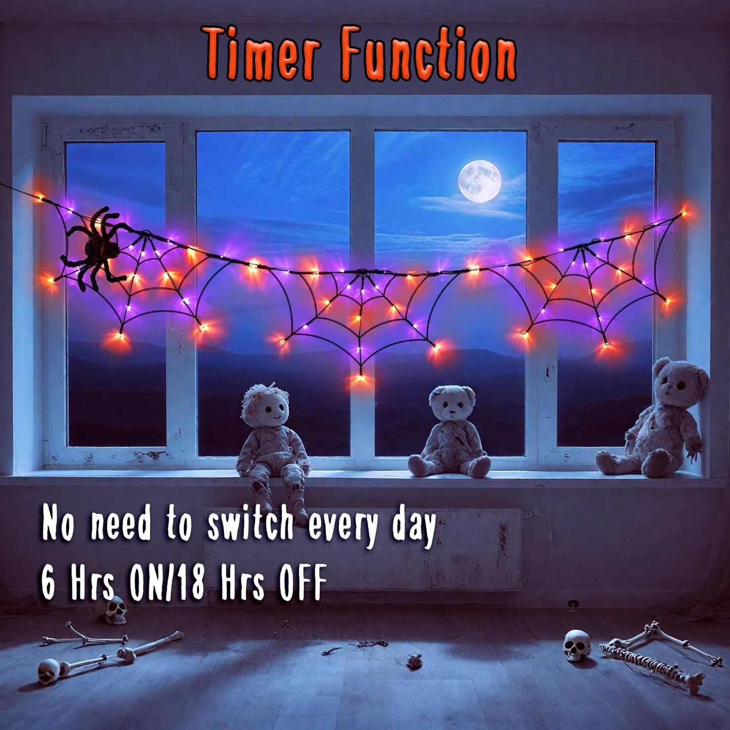 FFZZKJ Halloween Decorations Spider Web Lights 6FT 60LED Battery Operated/USB Powered with Black Spider with Timer 8 Modes Indoor Outdoor for Halloween Decor, Orange&Purple