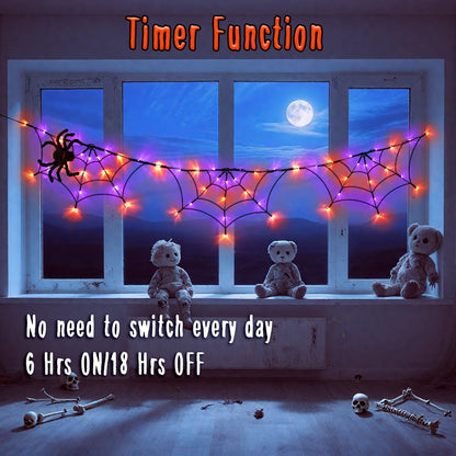 FFZZKJ Halloween Decorations Spider Web Lights 6FT 60LED Battery Operated/USB Powered with Black Spider with Timer 8 Modes Indoor Outdoor for Halloween Decor, Orange&Purple