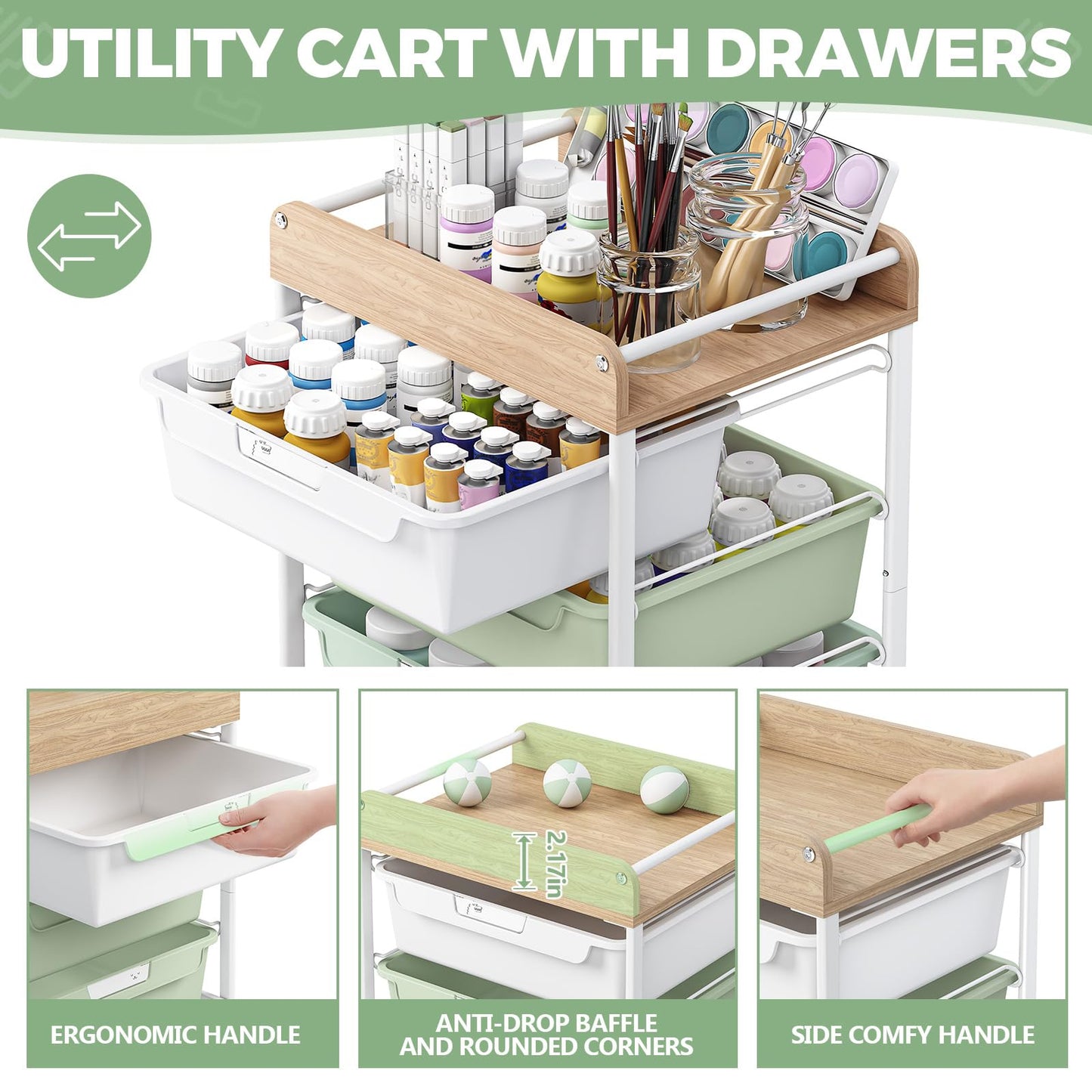 APEXCHASER Utility Cart with 5 Drawers,Rolling Storage Cart for Crafters Artists Kids Teacher Student Storage Arts Crafts & Sewing Study Supplies in Craft Room Dorm Classroom Kids Room-Green