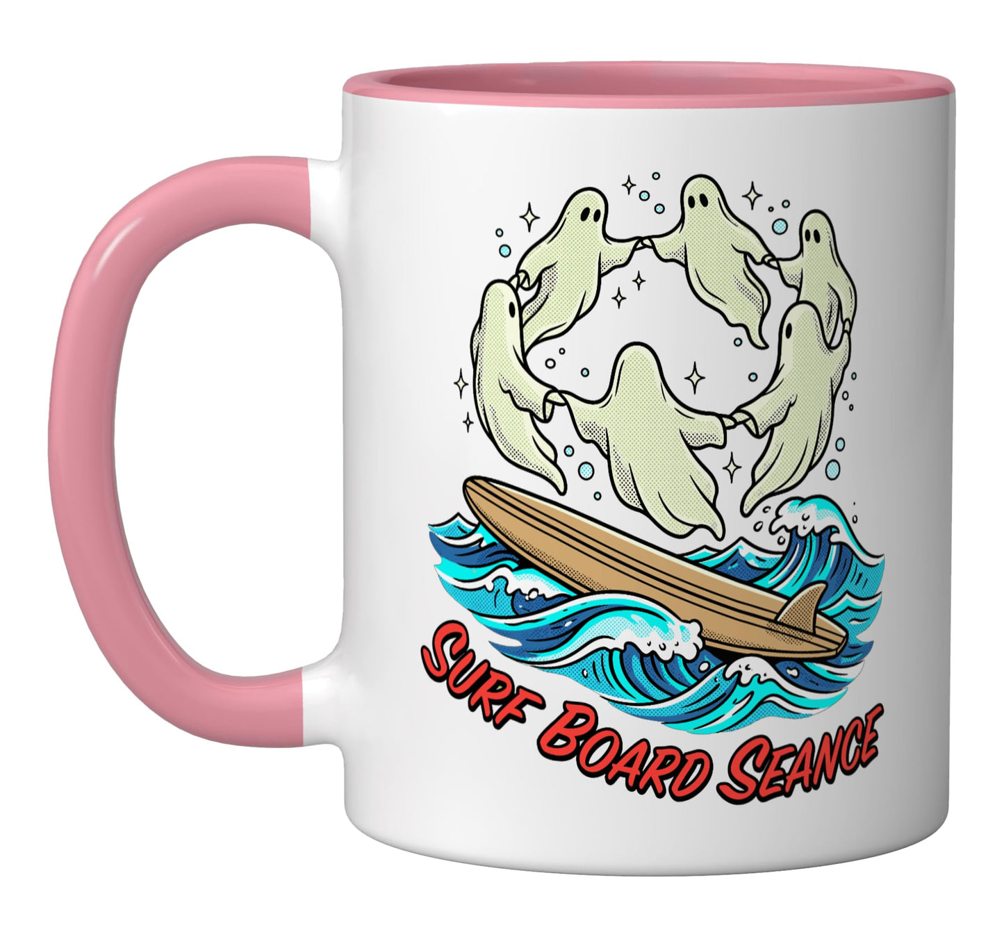 Summerween Art Surf Board Seance Halloween Ceramic Mug, Pink/White