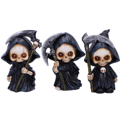 Nemesis Now Trio of Terror Mini Grim Reaper Figurines, Set of 3 Gothic Skeleton Statues, 3.5 Inch Halloween Decor for Shelves Desks and Creepy Gifts