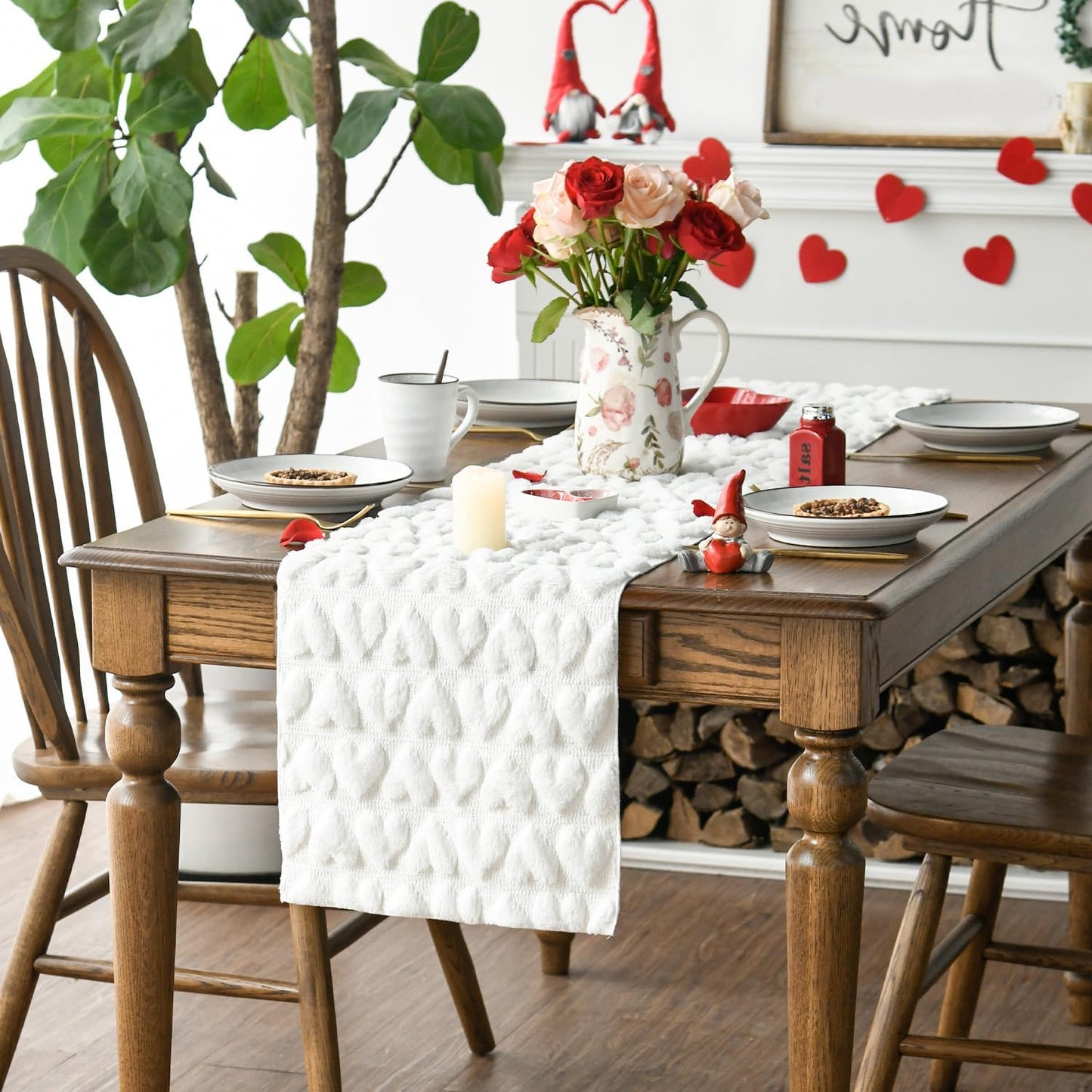 Artoid Mode White Soft Plush Faux Fur Jacquard Heart Valentine's Day Table Runner, Seasonal Kitchen Dining Table Decoration for Home Party Decor 13x72 Inch
