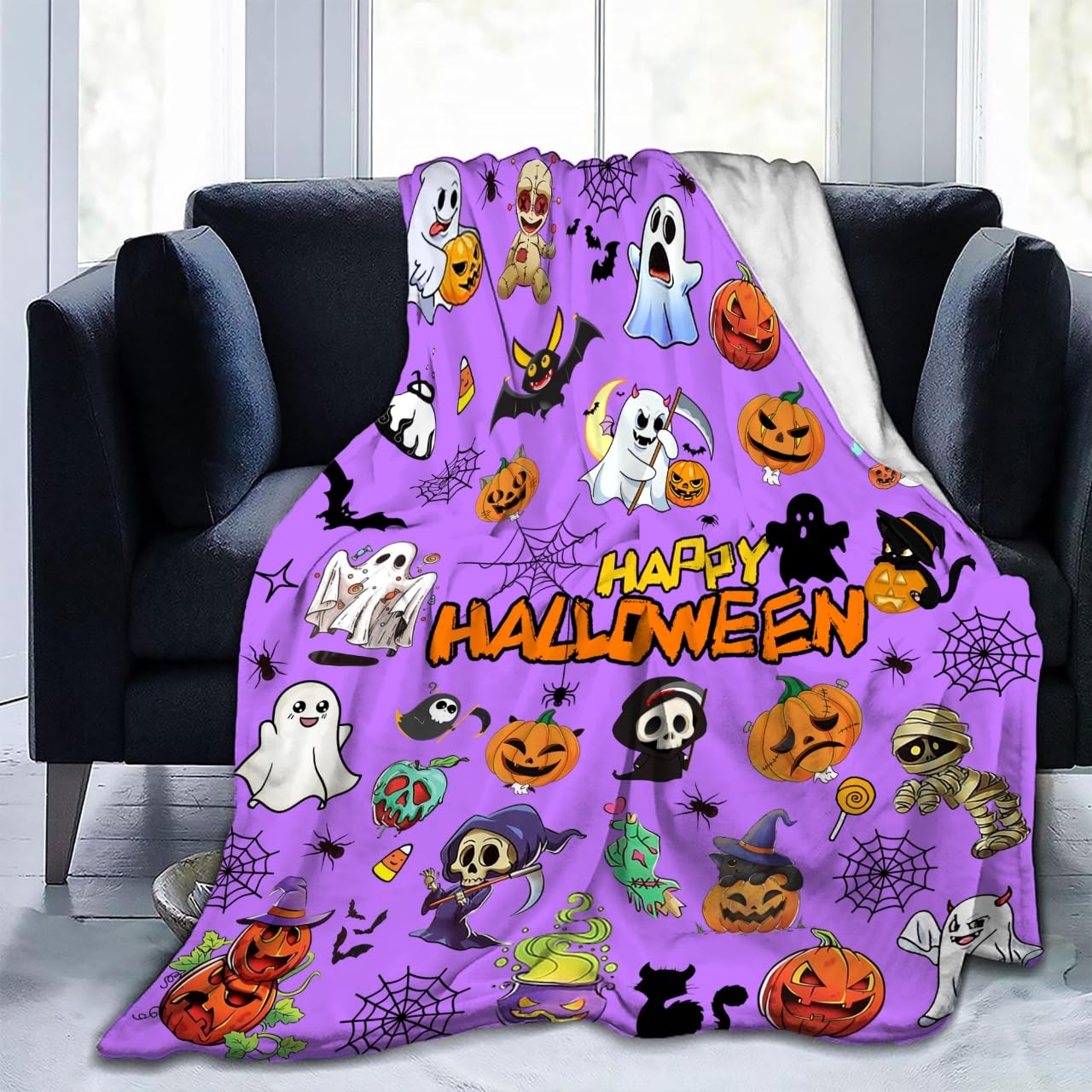 Halloween Throw Blanket 60" x 50" - Soft Flannel Ghost Blanket, Cozy Plush for Couch, Sofa & Bed, Fall Winter Decor, for Kids & Adults (Purple)