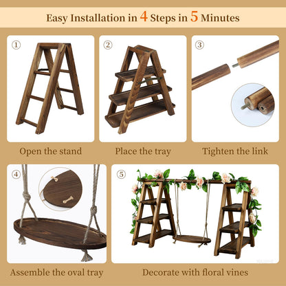 Large Wooden 3 Tier Swing Cupcake Stand with Flower Decor, Removable Trays, Foldable Ladder Display for Cake, Snacks, Fruit, Bread, Party & Catering Centerpieces