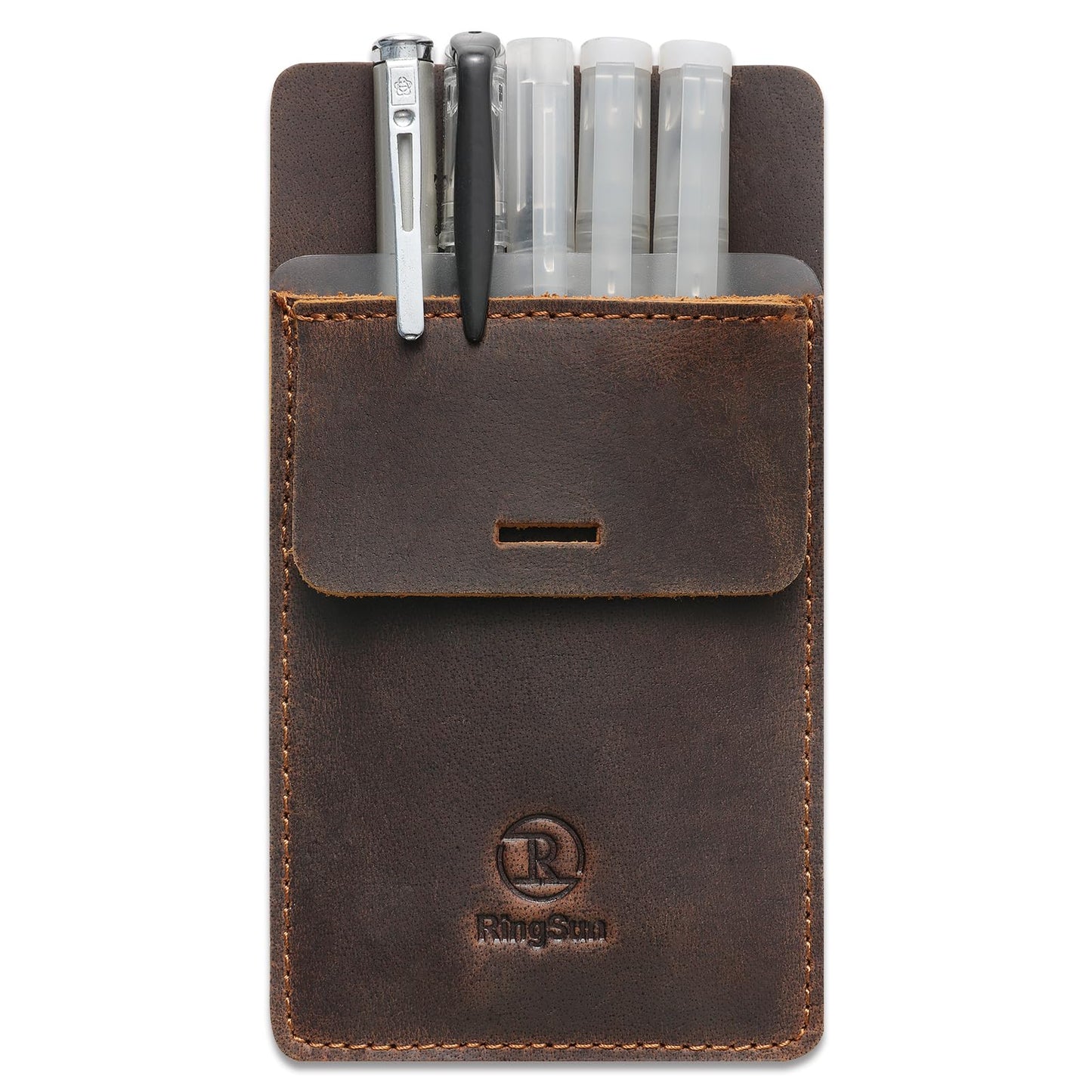 Ringsun Pocket Protector for Men, Full Grain Leather Pen Protect Holder for Heavy Duty Shirts, Lab Coats, Holds Pens, Pointers, Cards, Hold 8 Pens, Pocket Protectors for Pens and Pencils